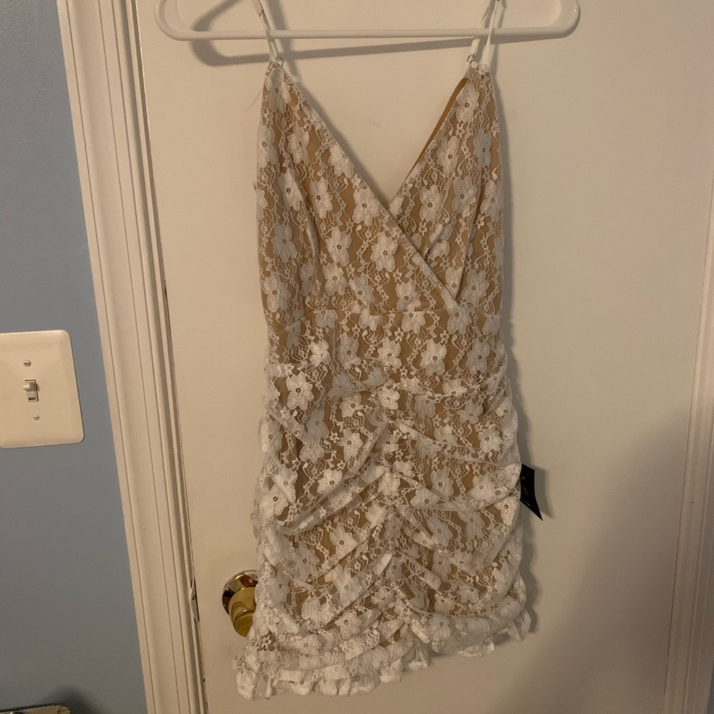 Lulus Rutched Cream Dress